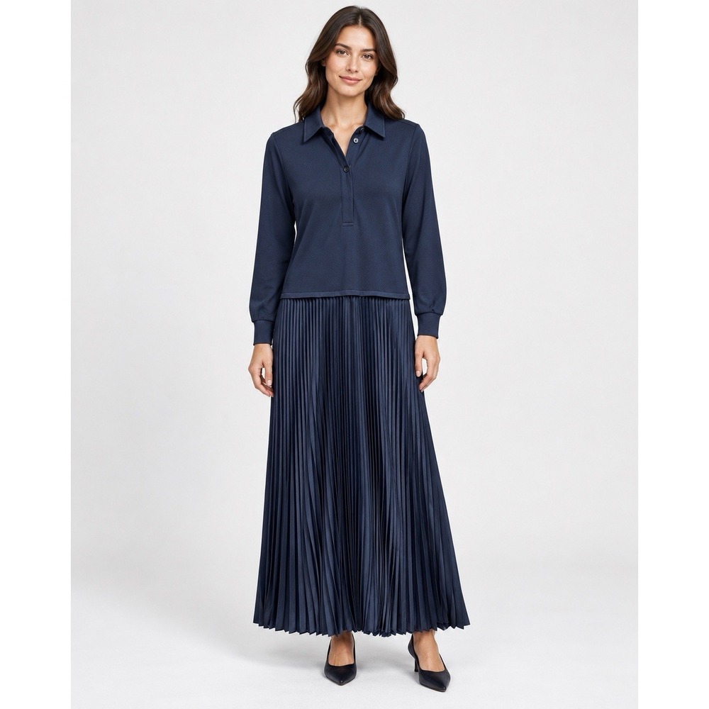 ME+EM Maxi Dress Womens Size 4 Deep Navy Long Sleeve Button Up Pleated Skirt EUC